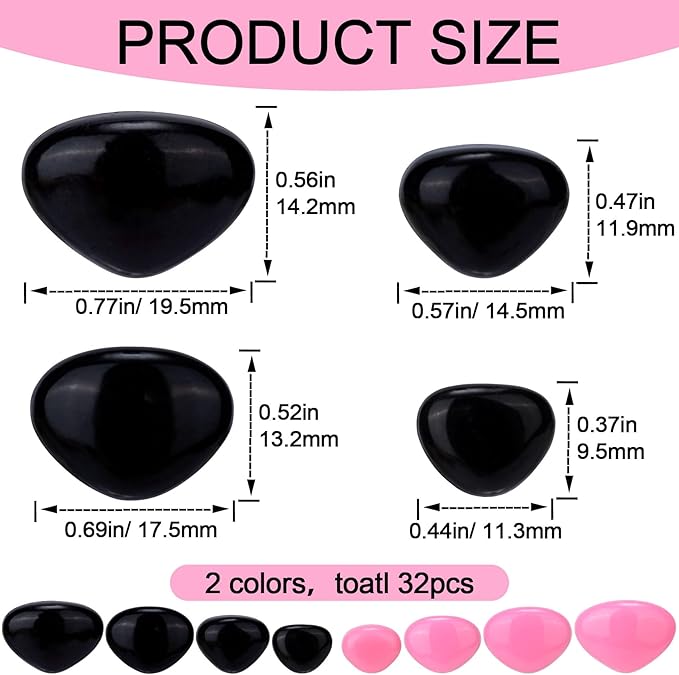 CustomyLife 32pcs Safety Noses for Amigurumi, 4 Sizes Plastic Craft Doll Noses with Washers, Flocking Stuffed Noses for Crochet Puppet Plush Toy Accessories- Black & Pink