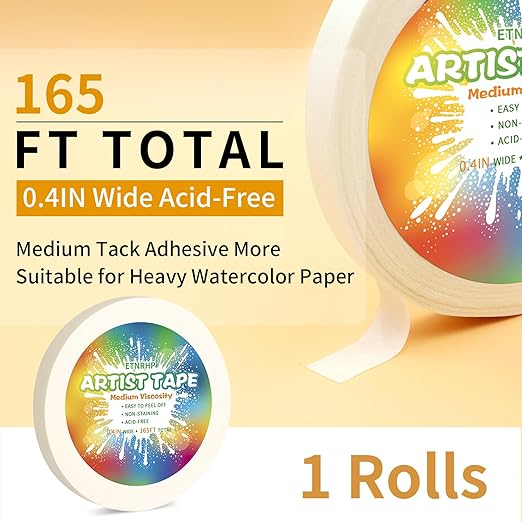 White Art Tape Medium Tack Artist Masking Tape Paper Acid Free Tape Watercolor Painters Tape Artists Tape for Drafting Art Watercolor Painting Canvas Framing, 0.4 inch Wide 165FT Long