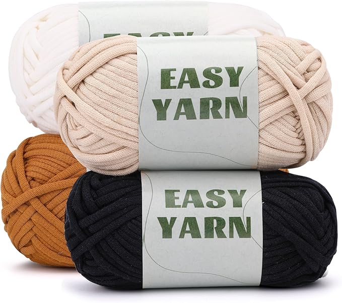 UzecPk 4x50g (7.1Oz) Yarn for Crocheting, 4x87Yds Cotton Crochet Yarn for Crocheting, Beginner Yarns with Easy-to-See Stitches, Blend Crochet Kit Making Milky (Beige&Brown&White&Black)
