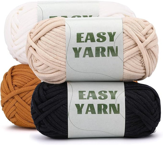 UzecPk 4x50g (7.1Oz) Yarn for Crocheting, 4x87Yds Cotton Crochet Yarn for Crocheting, Beginner Yarns with Easy-to-See Stitches, Blend Crochet Kit Making Milky (Beige&Brown&White&Black)