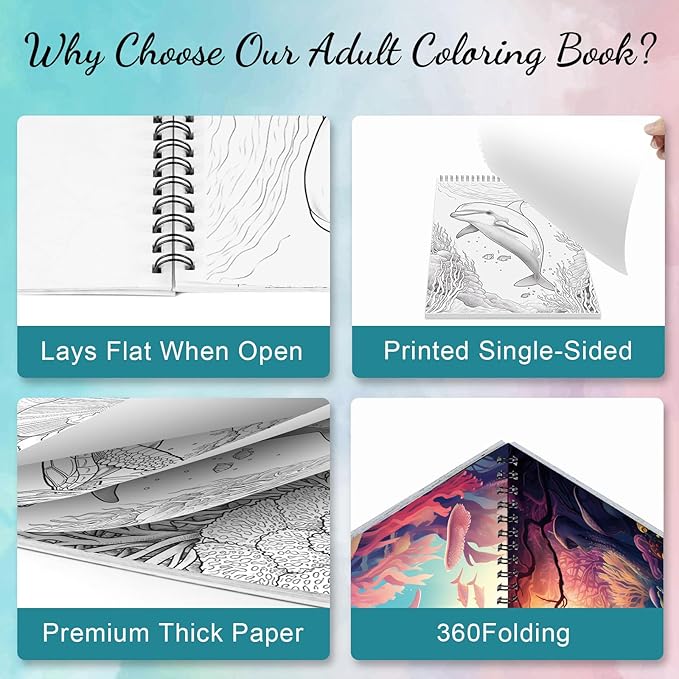 Ocean Coloring Books for Adult Coloring Book for Women Spiral Bound Page One Sided Design Gifts Arts and Crafts for Women to Relax, Anxiety and Depression 30 Colorful Coloring Pages of Ocean Wonders