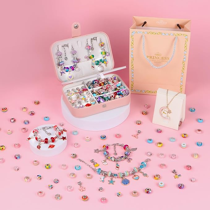 YJK Charm Bracelet Making Kit, DIY Jewelry Making Kit Christmas Gifts for Girls 5-12 Years Old, Beaded Jewelry Making Kit with Jewelry Box, Creative Crafts for Girls (Multicolor)