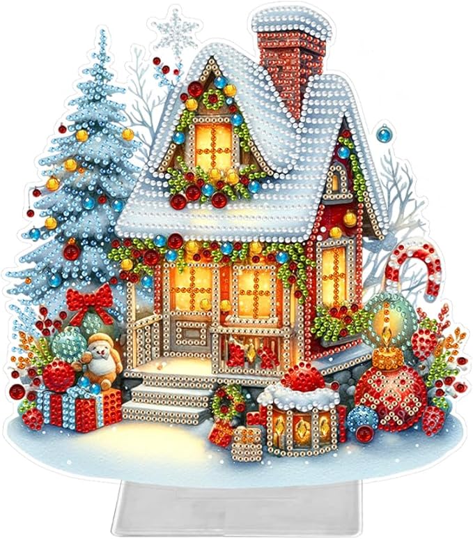 LAKEQUILL Christmas Diamond Painting Kits, Tabletop Ornament, Stand Up Diamond Art Desktop Kits for Home Office Decor, New Year Gift - Snow House