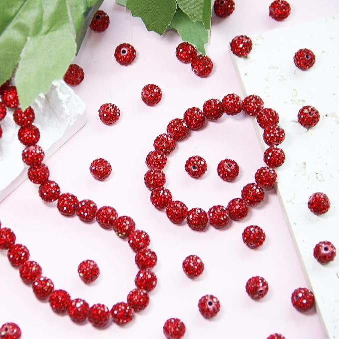 150 Pcs 10mm Rhinestone Beads for Jewelry Making, Red Shiny Round Shamballa Disco Baseball Necklace Beads Sparkle Crystal Clay Pave Rhinestones Bead for DIY Bracelet Earring Craft Making Supplies