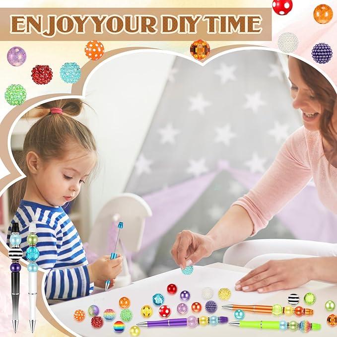 Geyee 15 Pcs Plastic Beadable Pens Assorted Bead Pens Multicolor Bubblegum Crystal Spacer Beads, Black Ink Ballpoint DIY Set, Back to School Gift for Student Summer Ocean Party Gifts(Rainbow Color)