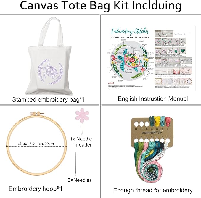 Nuberlic Canvas Tote Bag Embroidery Kit for Beginners Adults -Cross Stitch Kits Needlepoint with Sea Turtles Pattern Bag Reusable Eco-Friendly Shopping Bag
