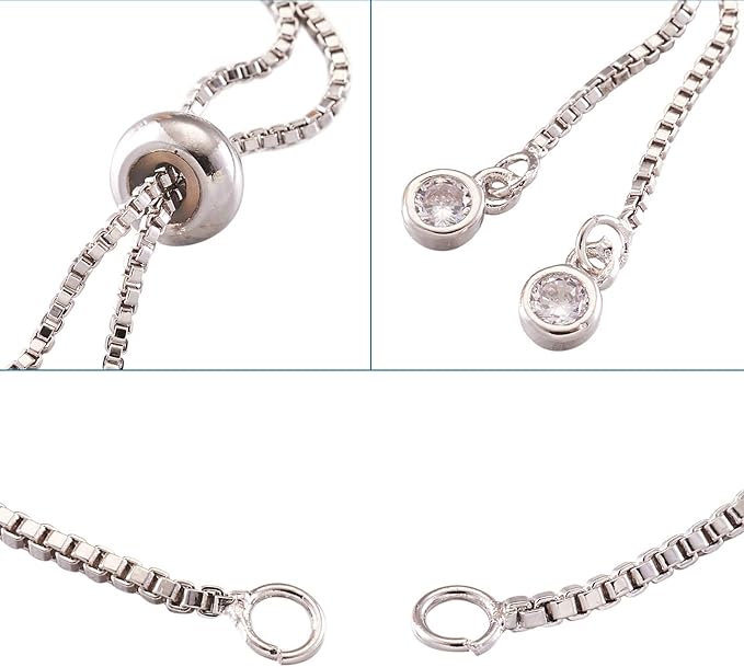 FASHEWELRY 10 Strands Adjustable Brass Bracelet Slider Extender Chains with Cubic Zirconia Ends 4-3/8" to 4-3/4"(110~120mm) Real Platinum Plated for DIY Jewelry Making