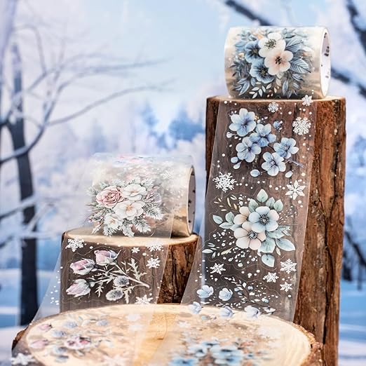 Winter PET Tape Stickers for Journaling Supplies, 6 Rolls Flower Snowflakes Scrapbook Stickers for Scrapbooking, Junk Journal Supplies, DIY Crafts, Plannner (Blossom)