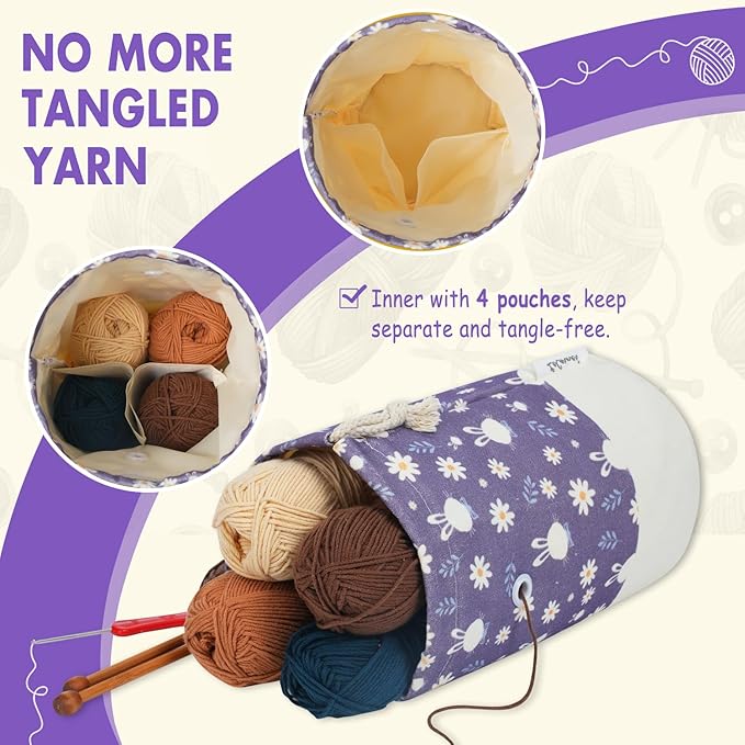 Small Crochet Bag Organizer, Drawstring Storage Knitting Bags, Portable Mini Rabbit Yarn Holder for Crocheting Project, Store Skein Ball, Needles Accessories