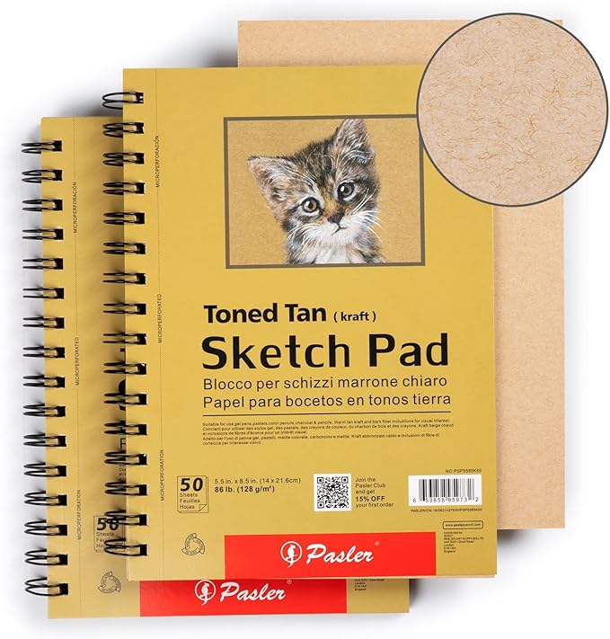 Pasler 5.5X8.5 Toned tan Sketch Pad, 2 Pack,100 Sheets (86lb./128gsm), Spiral Bound Artist Sketch Book, Acid Free Drawing Paper (2 Pack)