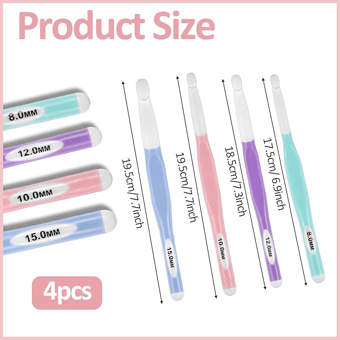 4PCS Crochet Hooks, 8mm/10mm/12mm/15mm Plastic Crochet Hooks with Rubber Handle, Crochet-Needles Set, DIY Yarn Weaving Tools for Knitting Blankets, Shawl, Carpet, Gloves, Bags, Hats, Socks and Scarf