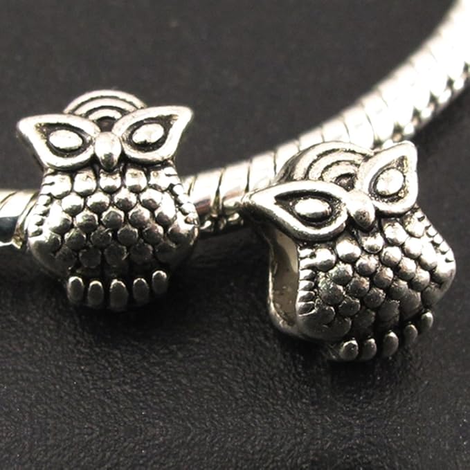 RUBYCA 50pcs Tibetan Silver Tone Spacer Beads Fit European Charms Bracelet Gorgeous Owl Design