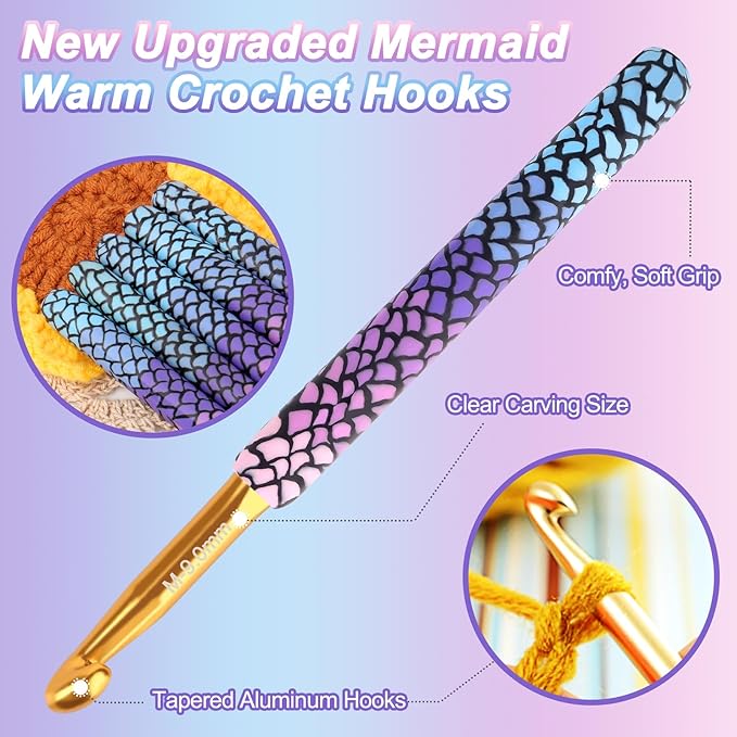Coopay Large Crochet Hooks 10mm 9mm 8mm 7mm 6.5mm Crochet Hook Set for Crocheting, Mermaid Crochet Needles for Arthritic, Warm Crochet Hooks for Chunky Yarn, Pretty Knitting & Crochet Supplies