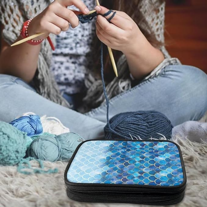 Hechitok Mermaid Scales Blue Crochet Hooks Case Zipper Bags Portable Crochet Storage Bag with Web Pocket and Crochet Holder Slots for Carrying Various Crochets Needles