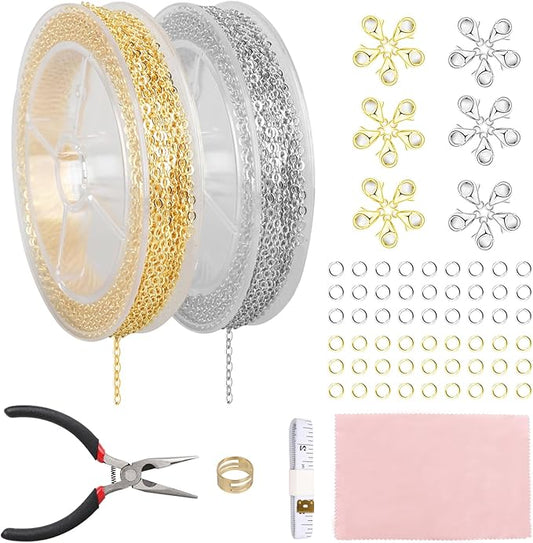 Fesorsi 62 ft Steel Chains for Jewelry Making, Gold & Silver 2mm Permanent Jewelry Chain, Electroplating Process, Necklace Chains with 300 Link Ring and 100 Lobster Buckles, for DIY Gifts