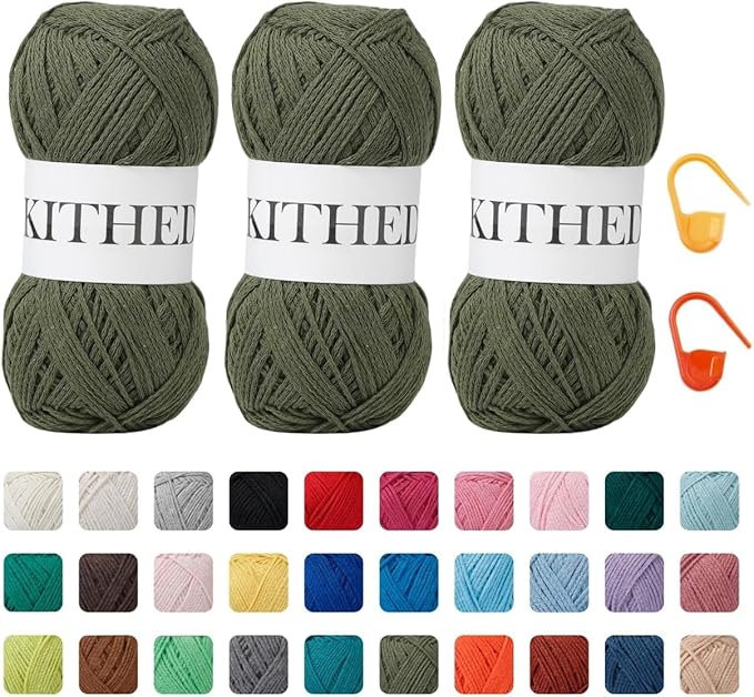 Cotton Chainette Yarn,4 Medium (Worsted)-10oz,3 Pack,Knitting Yarn for Beginners,Thicker for Crocheting and Knitting (38 Army Green)