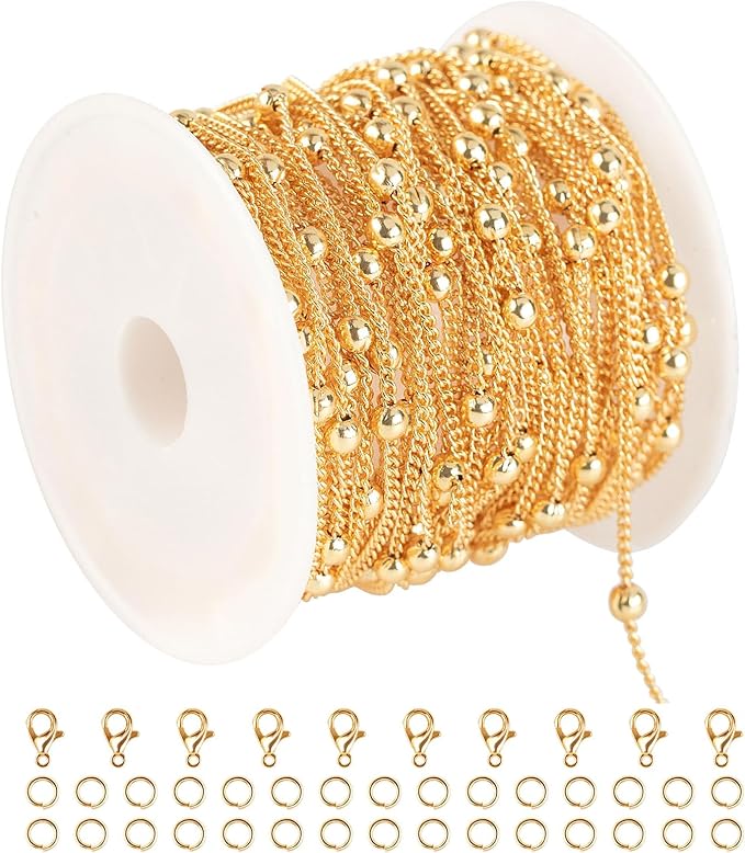 16.4 Feet/5 Meters 18K Gold Plated Brass Chain for Jewelry Making, Light Gold Beaded Necklace Chain for Women Twisted Curb Link Chain Jewelry Supplies