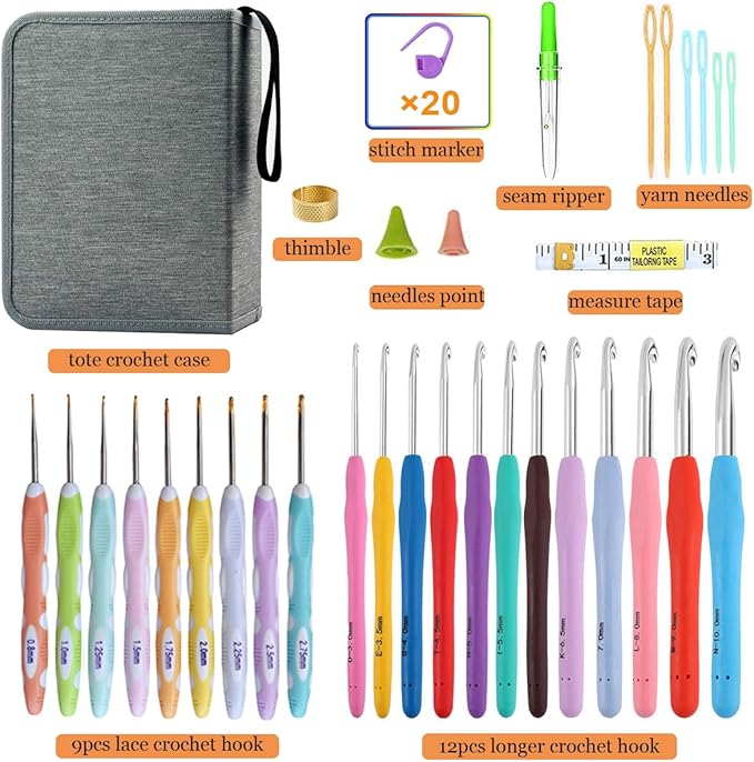 Mdoker 21 Sizes Crochet Hooks Set,Ergonomic Crochet Hook with Case for Arthritic Hands,Complete Crochet Set for Beginners & Lovers(0.8mm-10mm)
