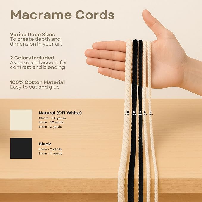 Macrame Kit for Beginners - DIY Rope Canvas Wall Art Kit with Ropes Supplies & Tools | DIY Macrame Art Wall Hanging Decor Starter Set, Craft Kits for Adults, Boho Aesthetic Home Decoration (Black)
