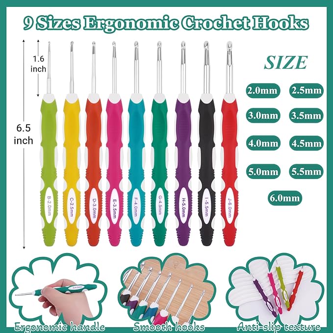 Hobekoee 23 Sizes Crochet Hooks Set with Case,2mm-10mm Ergonomic Crochet Needles for Arthritic Hands,Complete Crochet Kit for Beginners and Experiencer
