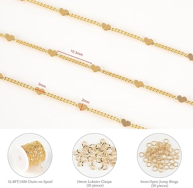 KYUNHOO 32.8 Feet/10M 18K Gold Plated Brass Jewelry Chain Roll Flat Heart Chains Bulk for Women DIY Craft Finding Jewelry Making Supplies