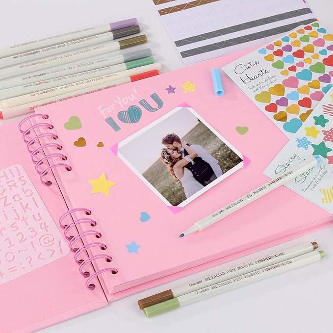 Gotideal 80 Pages Scrapbook Album with 10 Metallic Markers, Craft Paper Photo Album for Wedding and Anniversary, Family DIY Scrapbook Accessories with Scrapbooking Stickers Corners(Pink)