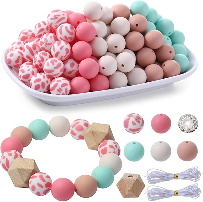 96Pcs Silicone Beads for Bracelets with 4Pcs Wooden Bead and Elastic 2 Strings,15mm Silicone Beads Bulk Petal Bracelet Making Kit Focal Bead for Pens Keychain Making Kit