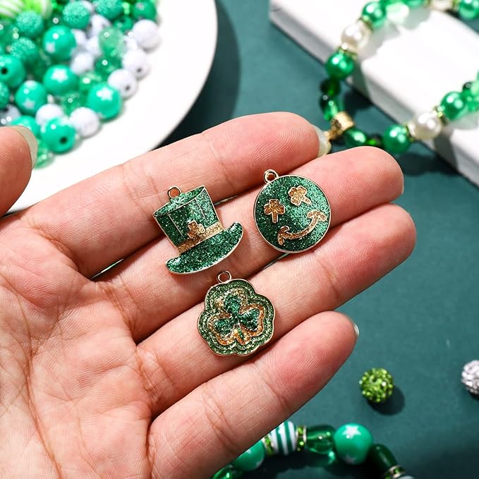 1600PCS+ St.Patrick’s Day Beads for Jewelry Making, Green Polymer Clay Beads Assorted Rhinestone Crystal Acrylic Beads Spacer Beads Shamrock Charms for Bracelet Necklace Making DIY Crafts Gifts