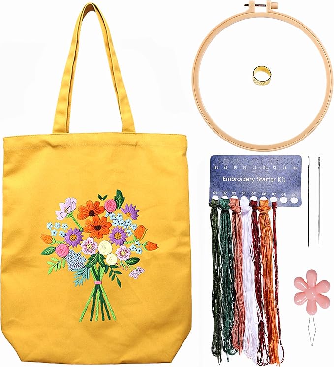 Canvas Tote Bag Embroidery Kit with Pattern for Beginners, Arts and DIY Embroidery Crafts Kits for Adults, Instructions, thimble, Embroidery Hoops, Color Threads (yellow, CR002 zhaolufanhua)