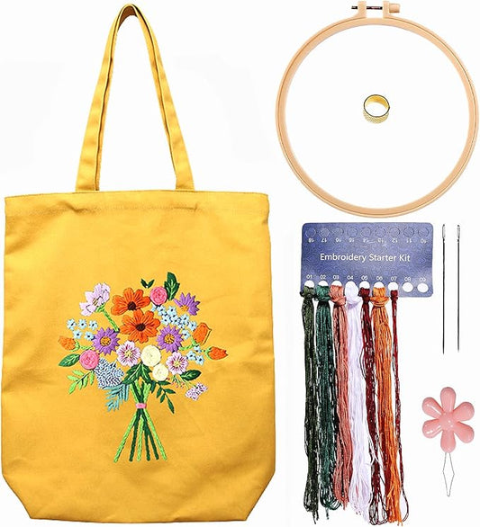 Canvas Tote Bag Embroidery Kit with Pattern for Beginners, Arts and DIY Embroidery Crafts Kits for Adults, Instructions, thimble, Embroidery Hoops, Color Threads (yellow, CR002 zhaolufanhua)