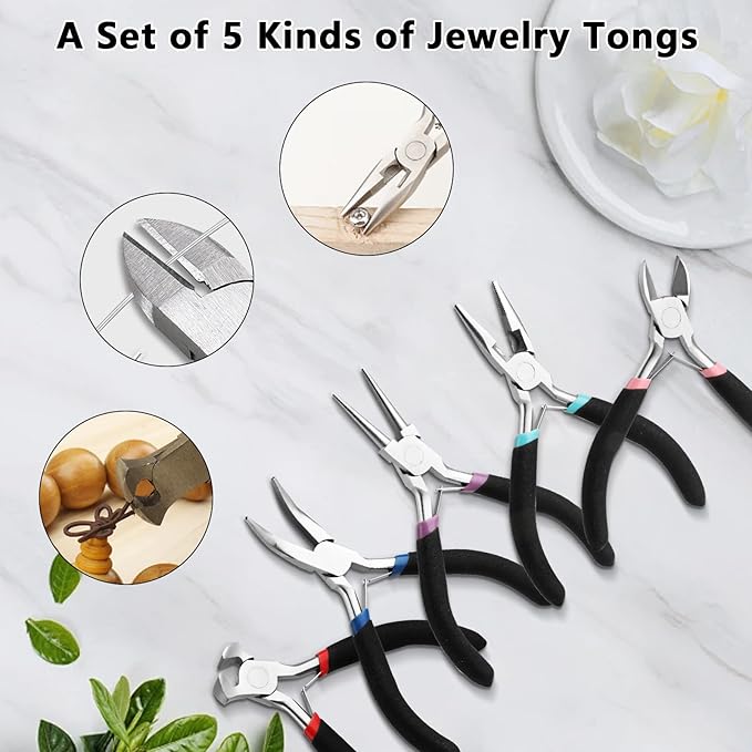5 pcs jewelry making pliers tools with needle/chain nose pliers, wire cutters round nose, bent nose-matte handle,jewelry making supplies for adults