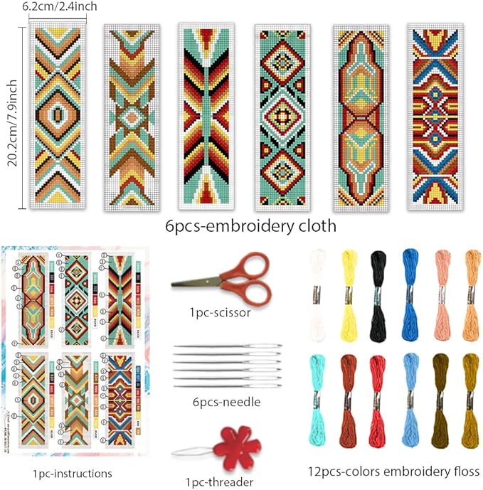 BEUNITONE Cross Stitch Bookmarks Kit 6 Pcs Geometric Pattern DIY Bookmarks Cross Stitch Kits for Beginners Boho Floral Fabric Bookmark Kit Traditional Decorative Counted Knitting Kit 8''x2.4''