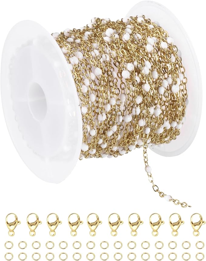 MECCANIXITY Stainless Steel Bead Chain, 16.4 Feet/5M Enamel Beaded Jewelry Link Cable Chains Spool Kit for Jewelry Making, Necklace, Bracelets, DIY Crafts (Gold/White, Pack of 1)