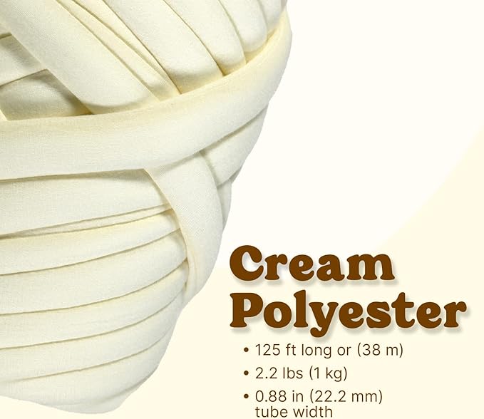 Light Weight Ultra Soft 2.2 LBS (1 kg) Chunky Yarn for Hand Knitting, Lush Polyester Fabric Tube Yarn to Make Handbags, Pillows, Blankets, Crafts (Cream)