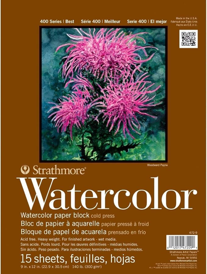 Strathmore 400 Series Watercolor Block, Cold Press, 9"x12" Bound (4 Sides), 15 Sheets/Block, White