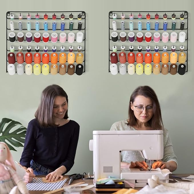 YBING Thread Holder Wall 2 Pack 54 Spools Thread Rack Wall Mount Embroidery Spool Thread Organizer Metal Sewing Thread Organizer with Hanging Tools for Quilting