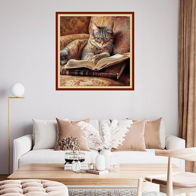 fanxvivy stamped cross stitch kits for beginners full range of cross stitching preprinted embroidery kits for adults, 11ct embroidery pattern needlepoint kits-a cat reading with glasses 18x18 inch