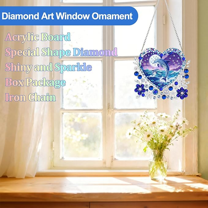 CEOVR Dolphin Hanging Diamond Art for Adults, Ocean Dolphin Love Diamond Painting Pendant DIY Gem Art Wall Ornament, Acrylic Home Garden Decor with Chain, Box Kit 7.87×7.12inch