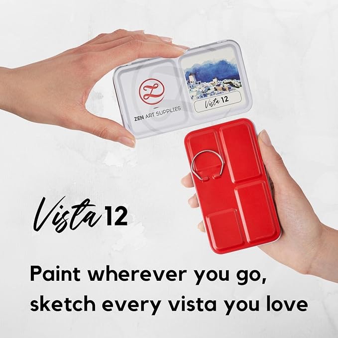 ZenArt Supplies Professional Watercolour Paint Set Vista - Non-Toxic 12 Half-Pan in Metal Tin Palette Portable Travel Vibrant Water Color, (SPN0022-PW12S-C)