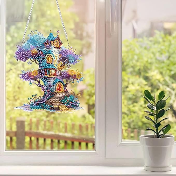 MAXBYE Diamond Art Kits Hanging Spirit House Pendant, DIY 5D Special Shaped Diamond Painting Craft Gem Art Rhinestone for Adults and Home Window Door Decor 8×8 Inch