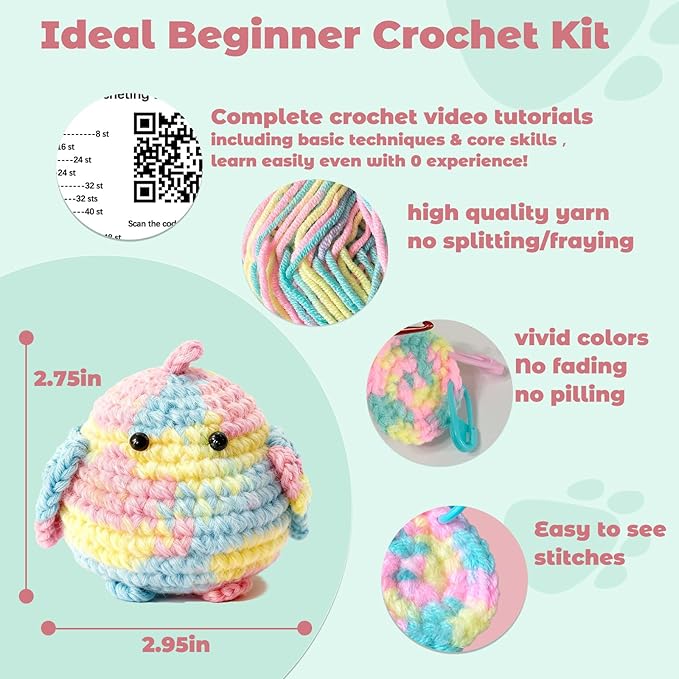JueRum All in One Crochet Kit for Beginners, 2PCS Animal Crochet Starter Kit with Step-by-Step Video Tutorials,Learn to Crochet Stuffed Amigurumi Animals Knitting Kit for Adult