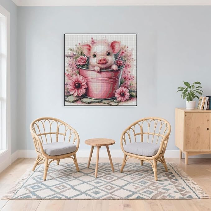 Cute Pig Stamped Cross Stitch Kits for Adults Beginner, Flowers Dimensions Needlepoint Art Crafts Embroidery Kits for Adults Beginners 13.7x13.7 inches