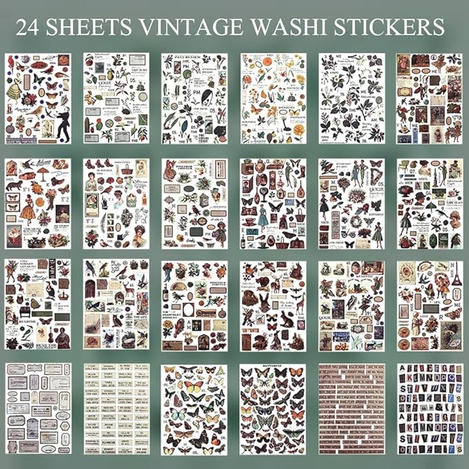 Vintage Scrapbooking Sticker Book for Adults - 800+ Washi Journaling Stickers Ephemera Book for Junk Journal Supplies DIY Crafts Arts Decorative 24 Sheets