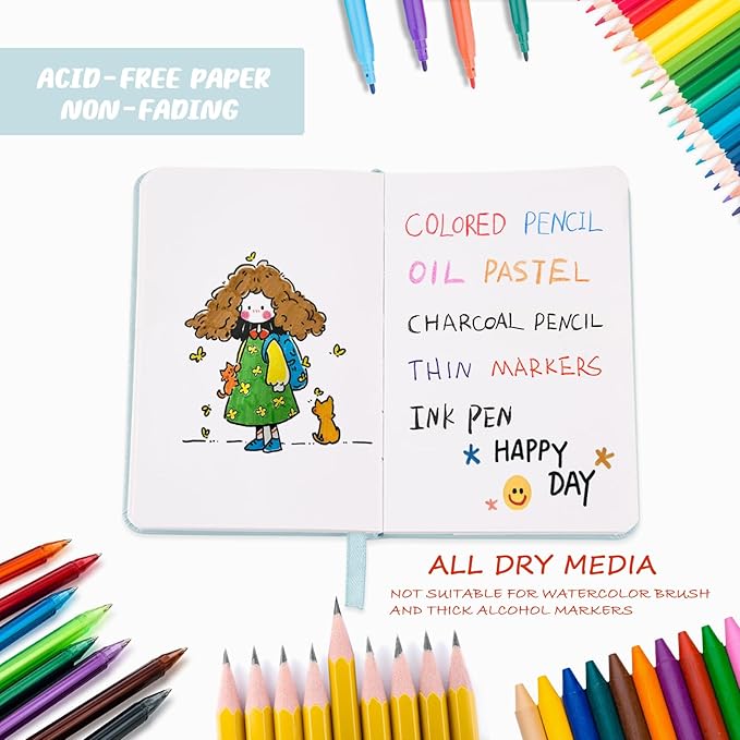 Mix Media Pad,3.5"x5.5" Small Hardcover Leather Art Sketchbook,60 Sheets(112lb/180gsm) Heavyweight Acid Free Artistic Painting Drawing Sketching Paper, Handy Pocket Journal Sketchbook.Light Blue