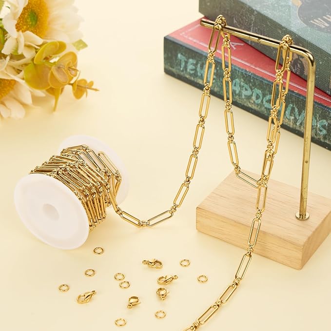 Jabogrii 6.5 Feet Gold Stainless Steel Chain for Jewelry Making Craft Paperclip Jewelry Making Chains Roll with Lobster Clasps and Open Jump Rings