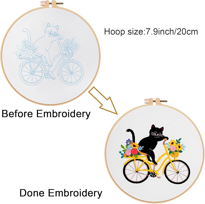 Louise Maelys Cute Cat Embroidery Kits for Beginners with Flower Bike Pattern,Adults Starter Cross Stitch Kit DIY Needlepoint