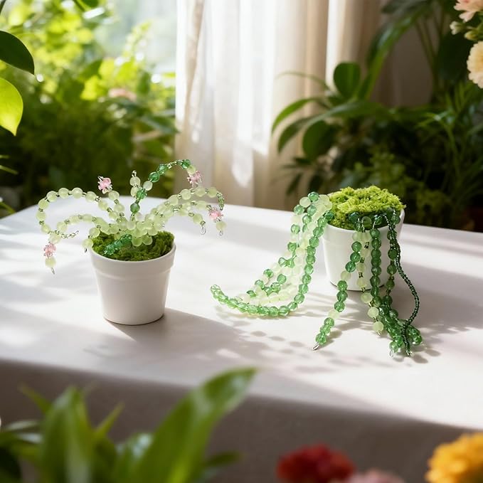 Hoolerry 2 Sets DIY Beaded Plant Kits 2.5 Inch Mini Beads and Planter Making Kit Crafts Desktop Vase Decor Green Beads Succulent Flower Kit Ornaments for Home Decor Plants Lover Handmade Gifts (White)