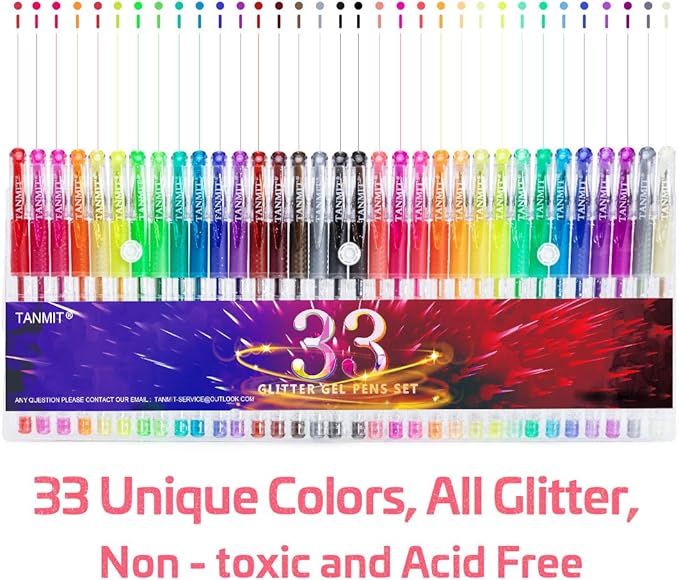 TANMIT Glitter Gel Pens, 33 Colors Neon Glitter Pens Set Gel Art Markers with 40% More Ink for Adult Coloring Books, Drawing, Journaling, Doodling