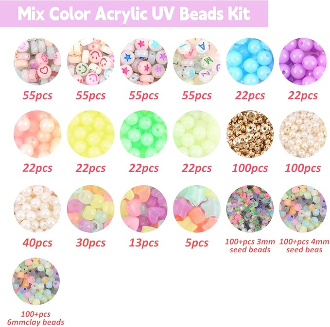 Glow in The Dark Beads UV Letter Alphabet Smile Star Glass Seed Clay Pearl Beads Plastic Pony Hair Bead Acrylic Colorful Changing Bead for DIY Craft Bracelet Necklace Jewelry Making Kit Mix Bulk