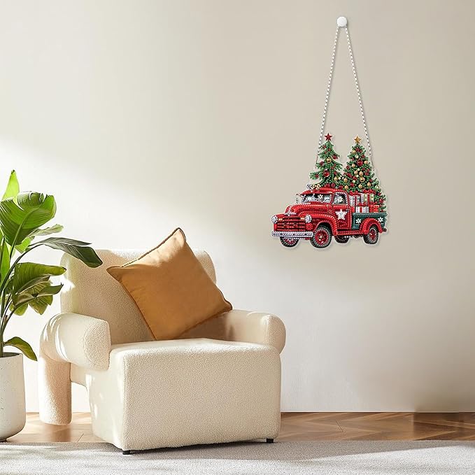 MOGTAA Christmas Truck Diamond Art Hanging Kits for Adults Kids, Christmas Tree Diamond Art Suncatchers, 5D Special Shape Diamond Painting Window Pendant Kit for Home Garden Wall Decor